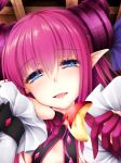  apple blue_bow blue_eyes bow commentary_request curled_horns dragon_girl dragon_horns elizabeth_bathory_(fate) elizabeth_bathory_(fate)_(all) eyebrows_visible_through_hair fang fate/extra fate/extra_ccc fate/grand_order fate_(series) food fruit hair_between_eyes happy highres horns lips long_hair looking_at_viewer pink_hair pointy_ears sasasa_(nashi) solo 