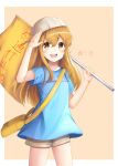  :d absurdres blonde_hair blue_shirt cowboy_shot csc00014 eyebrows_visible_through_hair flag grey_hat grey_shorts hair_between_eyes hataraku_saibou highres holding holding_flag long_hair looking_at_viewer open_mouth platelet_(hataraku_saibou) salute shiny shiny_hair shirt short_shorts short_sleeves shorts smile solo standing very_long_hair yellow_eyes 