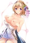  3: bangs blonde_hair blue_eyes blush breasts collarbone covering_nipples crown dress_pull europa_(granblue_fantasy) eyebrows_visible_through_hair flower granblue_fantasy hair_flower hair_ornament highres hirotan_insitao looking_at_viewer medium_breasts no_panties short_hair solo 