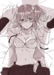  1girl bed_sheet blush bra breasts cleavage collarbone dress_shirt eyebrows_visible_through_hair fate/grand_order fate_(series) from_above fujimaru_ritsuka_(female) greyscale hair_between_eyes hair_ornament hair_scrunchie holding_hands looking_at_viewer lying medium_breasts miniskirt monochrome navel nishinishihigas on_back open_clothes open_shirt open_skirt panties parted_lips pleated_skirt scrunchie shirt side_ponytail skirt sweatdrop underwear 