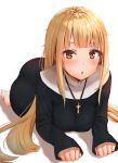  :o all_fours bangs blonde_hair blunt_bangs blush brown_eyes commentary_request cross cross_necklace eyebrows_behind_hair habit highres jewelry long_hair long_sleeves looking_at_viewer necklace nun original parted_lips reinama robe sidelocks simple_background sleeves_past_wrists solo tsurime white_background 