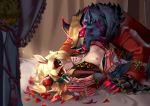  anthro bed behemoth89 bite_mark blood canine cervine claws cloak clothing fangs female flower hi_res kenji_(furrywolfbb) maiden male mammal nipples on_top plant rose rose_(furrywolfbb) vampire wolf 