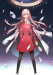  black_legwear darling_in_the_franxx dress eyebrows_visible_through_hair floating_hair hairband head_tilt hiro_(darling_in_the_franxx) holding_mirror kongxin_dian long_hair looking_at_viewer pantyhose pink_hair red_dress short_dress solo standing very_long_hair white_hairband zero_two_(darling_in_the_franxx) 