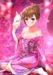  bare_shoulders breasts brown_eyes brown_hair cleavage collarbone floral_background floral_print fox_mask full_body japanese_clothes kimono looking_at_viewer mask mask_removed misaka_mikoto obi pink_background pink_kimono puma_(hyuma1219) sash short_hair sitting small_breasts socks solo tabi tied_hair to_aru_kagaku_no_railgun to_aru_majutsu_no_index twitter_username white_legwear yokozuwari 