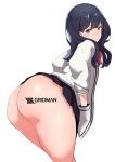  arched_back ass bad_id bad_twitter_id bent_over black_hair black_skirt blue_eyes commentary_request eyebrows_visible_through_hair from_behind hands_in_pockets huge_ass jacket logo long_hair looking_at_viewer looking_back no_panties nuezou simple_background skirt solo ssss.gridman takarada_rikka thick_thighs thighs white_background white_jacket 