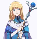  androgynous blonde_hair blue_eyes cloak fire_emblem fire_emblem:_rekka_no_ken highres holding kuruto. looking_at_viewer lucius smile solo staff upper_body 