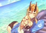  absurdres ass beach bikini black_bikini black_horns blonde_hair blue_sky breasts chiwan_hewan cleavage collarbone day dutch_angle facial_mark fangs fangs_out fate/grand_order fate_(series) floating_hair floral_print flower_knot front-tie_bikini front-tie_top gradient_horns highres horizon horns ibaraki_douji_(fate/grand_order) long_hair looking_at_viewer ocean outdoors red_horns sky small_breasts smile solo swimsuit tassel yellow_eyes 