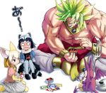  2girls animal_ears black_hair blank_eyes blonde_hair boots bow bowtie bracelet broly card chest closed_mouth commentary common_raccoon_(kemono_friends) crossover crying crying_with_eyes_open demon_tail demon_wings doitsuken dragon_ball dragon_ball_z dragon_quest dragon_quest_v earrings extra_ears fennec_(kemono_friends) fork fox_ears fox_tail full_body fur_collar gloves grey_hair holding holding_card indian_style jewelry kemono_friends knees_up legendary_super_saiyan long_hair metal_slime minidemon multicolored_hair multiple_crossover multiple_girls muscle necklace o_o open_mouth pants pantyhose pink_sweater playing_card playing_games pointing raccoon_ears raccoon_tail shirtless short_hair sitting skirt smile spiked_hair streaming_tears striped_tail sweater tail tears two-tone_hair uno_(game) white_hair wings 