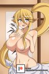  1girl absurdres animal_ears artist_name bangs blonde_hair blue_eyes blush breasts centorea_shianus collarbone cowboy_shot eyebrows_visible_through_hair female groin hair_between_eyes hair_tie hands_on_own_chest hands_up highres indoors large_breasts long_hair looking_to_the_side monster_musume_no_iru_nichijou navel nipples open_mouth patreon_logo patreon_username pointy_ears ponytail shiny shiny_hair shiny_skin solo standing sweat teeth tied_hair topless very_long_hair watermark web_address white_sarong zannatemx 