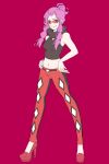  argyle armpits bare_shoulders braid commentary_request crop_top elite_four flat_color full_body glasses hair_bun halterneck hands_on_hips high_heels legs_apart light_smile looking_at_viewer midriff mochunabeeeee pachira_(pokemon) pale_skin pants pink_background pokemon pokemon_(game) pokemon_xy purple_hair red-tinted_eyewear red_background round_eyewear shoes side_braid sidelocks simple_background sleeveless sleeveless_turtleneck smile solo standing sunglasses team_flare tinted_eyewear turtleneck twin_braids 