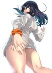  ass black_hair blue_eyes bottomless closed_mouth commentary_request fujitsubo_(hujitubo0731) hand_on_own_ass highres hips long_hair looking_at_viewer looking_back parted_lips scrunchie simple_background ssss.gridman sweater takarada_rikka thighs white_background white_sweater wrist_scrunchie 