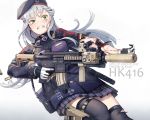  ammunition android assault_rifle bag bangs beret black_legwear blood blunt_bangs commentary_request earbuds earphones facial_mark girls_frontline gloves goggles goggles_around_neck green_eyes grimace gun hair_ornament handgun hat heckler_&amp;_koch highres hk416 hk416_(girls_frontline) holster holstered_weapon injury itou_(onsoku_tassha) parts_exposed pistol plaid plaid_skirt rifle scope shoulder_bag silver_hair skirt suppressor tearing_up tears thighhighs torn_clothes torn_legwear torn_sleeves weapon 