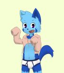  anthro blue_eyes blue_fur briefs bulge cat clothing cub feline fur haziq(hazumazu) hazumazu male mammal navel open_mouth red_pupils simple_background solo underwear young 