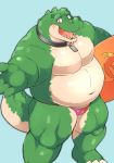  2017 anthro ayame42612 belly blue_background blush clothing crocodile crocodilian humanoid_hands male moobs navel one_eye_closed overweight overweight_male reptile scalie simple_background swimsuit wink 