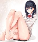  ass bangs barefoot between_legs black_hair black_skirt blue_eyes blush bow breasts closed_mouth collared_shirt commentary crossed_ankles feet feet_out_of_frame hand_between_legs knees_up legs legs_together light_smile long_hair long_sleeves looking_at_viewer md5_mismatch microskirt neneru pleated_skirt red_neckwear revision school_uniform scrunchie shirt sitting skirt solo ssss.gridman sweater takarada_rikka thighs toes white_background white_sweater wrist_scrunchie 