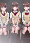  :d black_legwear blurry blurry_background blush bow brown_eyes brown_hair chair chikuwa_(odennabe) closed_mouth collared_shirt commentary_request depth_of_field feet_out_of_frame grey_skirt hands_on_lap kneehighs long_hair multiple_girls on_chair open_mouth original pleated_skirt red_bow school_uniform shirt short_hair short_sleeves sitting skirt smile sweater_vest white_shirt 