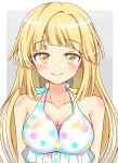  bang_dream! bangs bikini blonde_hair blush breasts cleavage collarbone commentary_request frilled_bikini frills grey_background halterneck highres long_hair looking_at_viewer medium_breasts polka_dot polka_dot_bikini smile solo swimsuit tokitoki_(commando) tsurumaki_kokoro upper_body yellow_eyes 