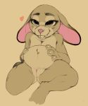  &lt;3 2018 anthro bedroom_eyes buckteeth clitoris cruelpastry disney ears_down fangs featureless_chest female fur grey_fur grin half-closed_eyes hi_res judy_hopps lagomorph looking_at_viewer mammal navel nude pose pregnant purple_eyes pussy rabbit seductive simple_background sitting smile solo teeth traditional_media_(artwork) zootopia 