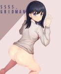  1girl ass black_hair blue_eyes blush bottomless cardigan closed_mouth copyright_name female kneeling long_hair looking_at_viewer looking_back no_panties solo ssss.gridman suggestive_fluid takarada_rikka yiku_(sim7368) 