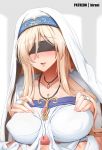  1boy 1girl blindfold blonde_hair blush breasts censored ginhaha goblin_slayer! large_breasts maiden_of_the_sword mosaic_censoring paizuri patreon_username penis 