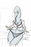  anthro avian beak bird blue_crane bra breasts cellina cleavage clothed clothing crane female insimde lace nails panties shirt sketch solo tryst_entangled underwear undressing wide_hips 