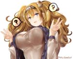  ? alternate_costume blonde_hair blue_eyes blue_shirt blush breasts commentary_request eyebrows_visible_through_hair gambier_bay_(kantai_collection) hair_ornament hairband juurouta kantai_collection large_breasts long_hair looking_at_viewer open_mouth shirt simple_background solo twintails white_background 