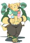  2017 anthro ayame42612 belly black_nose canine clothing cusith dessert dog food fur humanoid_hands ice_cream male mammal navel overweight overweight_male pants scarf simple_background solo tokyo_afterschool_summoners white_background yellow_fur 