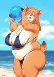 1girl ball beachball breasts brown_hair deer eyes_closed furry huge_breasts inax navel open_mouth solo standing swimsuit 
