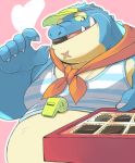  &lt;3 2017 anthro ayame42612 belly candy chocolate clothing crocodile crocodilian food humanoid_hands makara male overweight overweight_male reptile scalie shirt simple_background solo tokyo_afterschool_summoners 