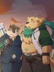  2017 anthro ayame42612 belly canine clothed clothing cusith dog duo fur humanoid_hands male mammal moritaka navel overweight overweight_male pants scar scarf tokyo_afterschool_summoners yellow_fur 
