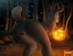  2018 absurd_res animal_genitalia anthro anus arcsuh balls big_butt broom butt cervine detailed_background digital_media_(artwork) food fruit fur halloween hi_res holidays looking_at_viewer looking_back male mammal nude outside painted painted_background pumpkin rear_view smile solo standing thick_thighs 
