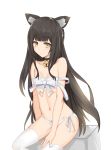  absurdres animal_ear_fluff animal_ears bangs bare_arms bare_shoulders bell bell_choker black_choker blunt_bangs blush bow bow_panties brown_eyes brown_hair cat_ears choker closed_mouth collarbone eyebrows_visible_through_hair highres jingle_bell long_hair looking_at_viewer navel original panties roi_(liu_tian) sarashi side-tie_panties simple_background sitting solo thighhighs thighhighs_pull topless underwear underwear_only very_long_hair white_background white_bow white_legwear white_panties 