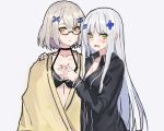  black_shirt blush bra breasts cleavage commentary covering covering_breasts echj girls_frontline glasses green_eyes grey_hair hk416_(girls_frontline) long_hair multiple_girls open_clothes open_shirt shirt short_hair surprised towel underwear vector_(girls_frontline) white_hair yellow_eyes 