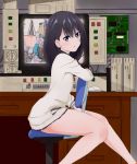  black_hair blue_eyes bow cardigan chair commentary english_commentary eyebrows_visible_through_hair gridman_(ssss) highres long_sleeves microskirt office_chair orange_scrunchie red_bow school_uniform scrunchie sitting sitting_backwards skirt ssss.gridman takarada_rikka thighs viperxtr wrist_scrunchie 