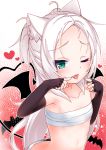 ;p ahoge animal animal_ear_fluff animal_ears ass azur_lane bandages bangs bat black_wings blush brown_gloves cat_ears commentary_request demon_tail demon_wings elbow_gloves eyebrows_visible_through_hair fang fingerless_gloves fingernails flat_chest forehead gloves green_eyes halloween hands_up heart highres kirisame_mia long_hair looking_at_viewer naked_bandage navel one_eye_closed parted_bangs red_background sarashi silver_hair sims_(azur_lane) solo tail tail_raised tongue tongue_out two_side_up very_long_hair white_background wings 