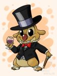  2018 3_toes 4_fingers abstract_background alien beverage black_eyes bottomless bow_tie buckteeth cane classy clothed clothing corgi_(artist) disney experiment_(species) gold_body grape_juice hat holding_glass holding_object lilo_and_stitch pinky_out red_nose reuben smile solo standing suit teeth toes top top_hat watermark wine_glass 