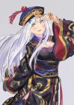 breasts charm_(object) chinese_clothes cleavage cleavage_cutout commentary_request echj fangs girls_frontline green_eyes hat highres hk416_(girls_frontline) jiangshi_costume long_hair long_sleeves solo vampire white_hair 
