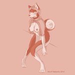  2018 4_toes 5_fingers anthro barefoot biped bottomless breasts brown_background canine claws clothed clothing collar digital_media_(artwork) dog exposed_breasts eyebrows female front_view hair hi_res hoodie husky ineffective_clothing looking_at_viewer mammal monochrome nipples sepia short_hair simple_background sitting solo toe_claws toes twitter_hoodie vladimirfur 