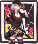 breasts cleavage commentary dog_tags earpiece echj german_flag girls_frontline gloves gun hair_ornament hairclip highres holster jacket kriss_vector mask mask_on_head open_clothes open_jacket shorts solo submachine_gun tank_top thighhighs vector_(girls_frontline) weapon 