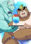  2017 anthro ashigara ayame42612 bear belly blue_fur brown_fur clothing drinks duo feline fur humanoid_hands lion male mammal mohawk navel overweight overweight_male pink_nose shirt snow_(tas) swimsuit tokyo_afterschool_summoners 