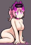  1girl areolae borrowed_character breasts collar crystal_(lewd-zko) female large_breasts mind_control nipples nude open_mouth original pink_eyes pink_hair ponytail sitting solo tunberuku wariza 