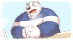  12beat13 2018 anthro bear blue_eyes blush clothing drinks fur humanoid_hands male mammal overweight overweight_male polar_bear shirane_kan solo sweater utau white_fur 