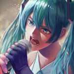  absurdres aqua_eyes aqua_hair blue_eyes blue_hair colored_eyelashes commentary_request determined fingerless_gloves gloves hatsune_miku highres long_hair microphone moyu_(forest1101) music open_mouth singing solo sweat twintails upper_body vocaloid 