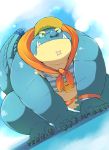  2017 anthro ayame42612 belly clothing crocodile crocodilian humanoid_hands makara male overweight overweight_male reptile scalie shirt solo swimsuit tokyo_afterschool_summoners 
