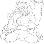  2018 3_fingers anthro belly breasts claws digital_drawing_(artwork) digital_media_(artwork) dragon fangs female grin hi_res horn jewelry kneeling madlag monochrome muscular necklace nude scales scalie signature smile teeth toe_claws toes toothpick vore 