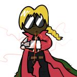  ambiguous_gender belt black_pants blonde_hair brown_belt cape clothed clothing coat cosplay electricity equine eyewear fan_character fullmetal_alchemist fully_clothed hair horse mammal my_little_pony pants pokehidden pony ponyhidden red_coat semi-anthro simple_background solo sunglasses toony white_background wig 