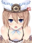  absurdres angry bare_shoulders blanc blue_eyes blush breasts brown_hair cleavage collarbone downblouse dress en-sof fur_trim hair_between_eyes hat highres looking_at_viewer medium_hair neptune_(series) no_bra open_mouth simple_background small_breasts solo spaghetti_strap upper_body white_background white_dress 