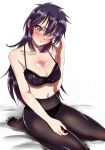  1girl bare_shoulders blush bra breasts cleavage glasses head_tilt heart heart-shaped_pupils ishii_takuma kneeling large_breasts long_hair looking_at_viewer navel panties pantyhose purple_bra purple_hair purple_panties red_eyes solo sparkle symbol-shaped_pupils thighband_pantyhose tsuyokiss underwear yashi_nagomi 