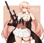  bangs bare_shoulders black_coat black_ribbon blonde_hair blush braid breasts bullpup character_name choker cleavage coat commentary contrapposto corset cowboy_shot fur-trimmed_coat fur_trim girls_frontline gun hair_between_eyes highres holding holding_gun holding_weapon long_hair long_sleeves looking_at_viewer low_twintails medium_breasts miniskirt narynn off_shoulder ots-14 ots-14_(girls_frontline) parted_lips pink_background pleated_skirt red_choker ribbon rifle side_braid skirt sniper_rifle solo star thigh_strap trigger_discipline twintails two-tone_background unzipped very_long_hair weapon white_skirt zipper 