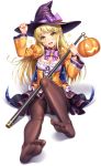  :d bang_dream! bangs blonde_hair blunt_bangs bow breasts brown_legwear cameltoe cape choker cleavage eyebrows_visible_through_hair feet full_body halloween hand_on_headwear hat head_tilt jack-o'-lantern juliet_sleeves lambda_(kusowarota) long_hair long_sleeves looking_at_viewer medium_breasts no_shoes open_mouth panties panties_under_pantyhose pantyhose print_cape puffy_sleeves purple_bow ribbon_trim simple_background sitting skirt smile solo staff star star_print toes tsurumaki_kokoro underwear white_background white_panties wide_sleeves witch_hat yellow_eyes 